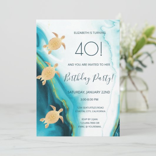 Goud Zee Turtles Maritime Kustuitnodiging Kaart (Staand voorkant)