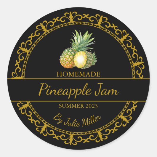 Goud Zelfgemaakte Ananas Jam Label | Zwart (Voorkant)