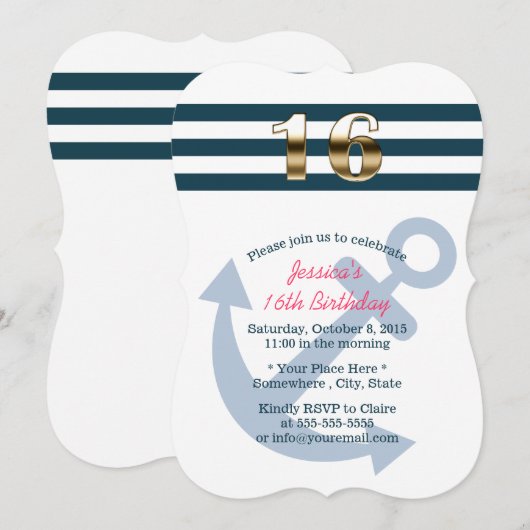 Goud zestien Nautical Stripes Sweet 16 Kaart (Voorkant / Achterkant)