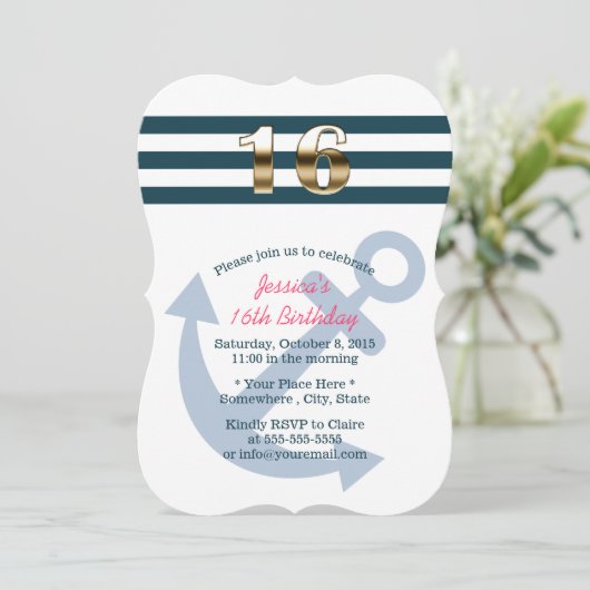 Goud zestien Nautical Stripes Sweet 16 Kaart (Staand voorkant)