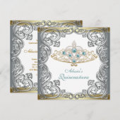 Goud Zilver Blauwgroen Tiara Quinceanera Kaart (Voorkant / Achterkant)