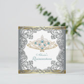 Goud Zilver Blauwgroen Tiara Quinceanera Kaart (Staand voorkant)