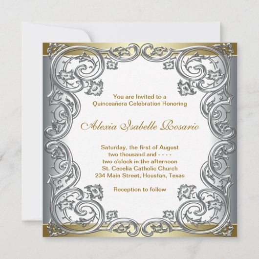 Goud Zilver Blauwgroen Tiara Quinceanera Kaart (Achterkant)