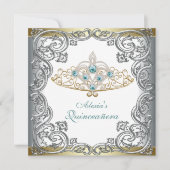 Goud Zilver Blauwgroen Tiara Quinceanera Kaart (Voorkant)