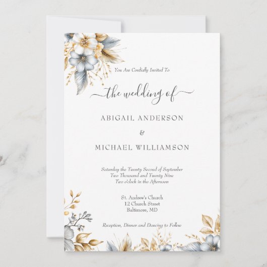 Goud Zilver Bloemen Botanische Elegante Huwelijk Kaart (Voorkant)