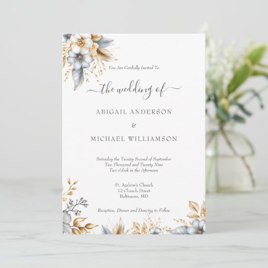 Goud Zilver Bloemen Botanische Elegante Huwelijk Kaart (Staand voorkant)