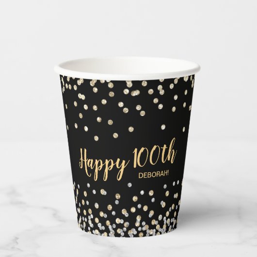 Goud Zilver Confetti 100ste Verjaardagsfeest Papieren Bekers (Voorkant)