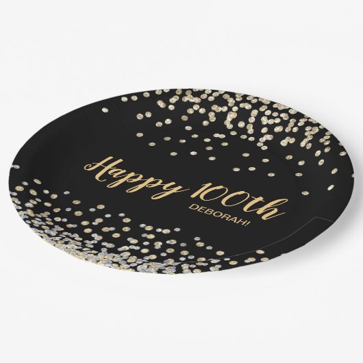 Goud Zilver Confetti 100ste Verjaardagsfeest Papieren Bordje (Gekanteld)