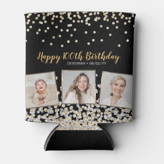 Goud Zilver Confetti Fotocollage 100ste Verjaardag Blikjeskoeler (Voorkant)