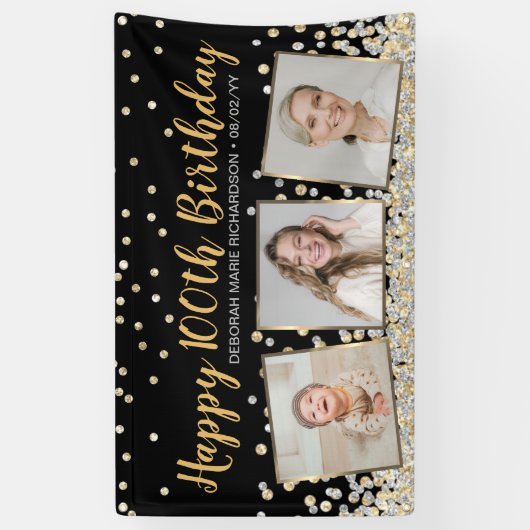 Goud Zilver Confetti Fotocollage 100ste Verjaardag Spandoek (Verticaal)