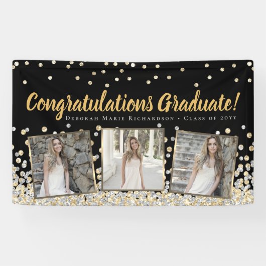 Goud Zilver Confetti Fotocollage Afstuderen Spandoek (Horizontaal)