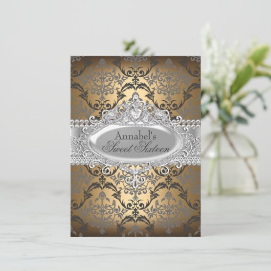  goud & zilver Damask Sweet 16 Invite Kaart (Staand voorkant)