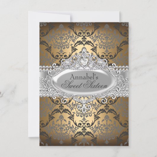  goud & zilver Damask Sweet 16 Invite Kaart (Voorkant)