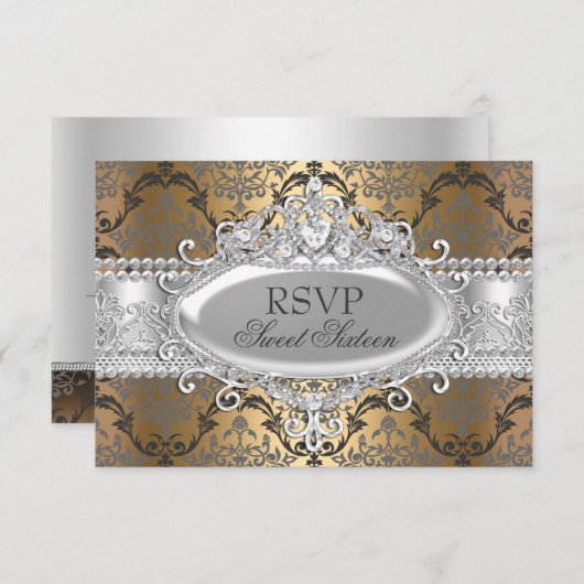  Goud & Zilver Damask Sweet 16 RSVP (Voorkant / Achterkant)
