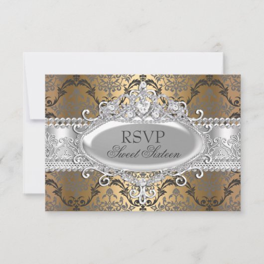  Goud & Zilver Damask Sweet 16 RSVP Kaartje (Voorkant)
