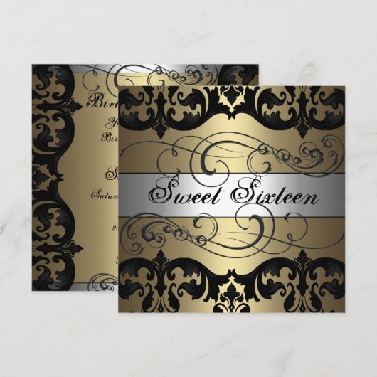 Goud & Zilver Damask Sweet 16 Verjaardag Uitnodigi Kaart (Voorkant / Achterkant)