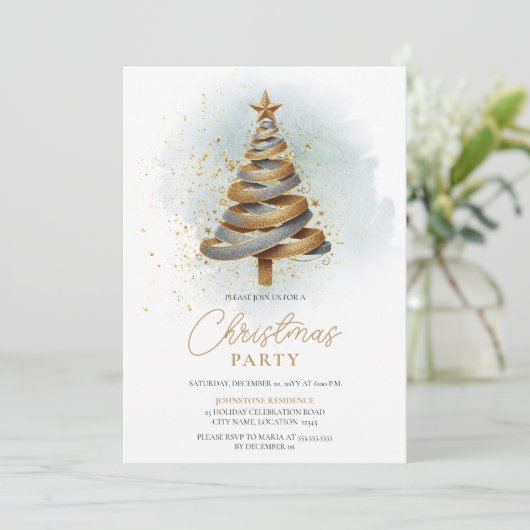 Goud Zilver Faux Glitter Tree Kerstfeest Kaart (Staand voorkant)