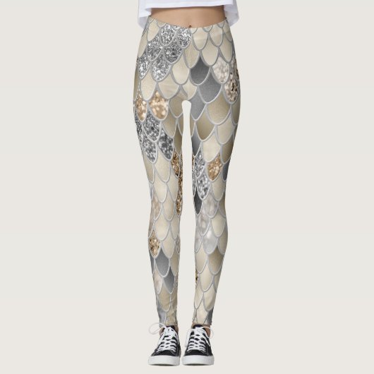Goud Zilver Grijs Zeemeermin Schalen Glam #1 Leggings (Voorkant)
