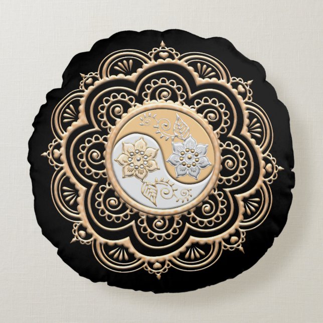 Goud & Zilver Mandala Rond Kussen (Voorkant)