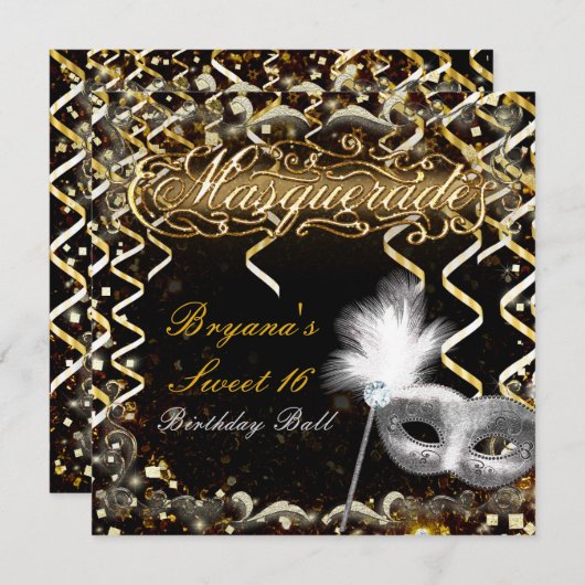 Goud & Zilver Maskerade Masker Verjaardagsfeest Kaart (Voorkant / Achterkant)