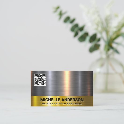 Goud Zilver Metallic Shine Trim QR Code Visitekaartje (Staand voorkant)