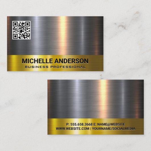 Goud Zilver Metallic Shine Trim QR Code Visitekaartje (Voorkant / Achterkant)