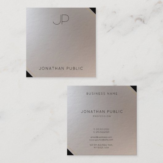 Goud Zilver Monogram Moderne Sjabloon Luxe Vierkante Visitekaartje (Voorkant / Achterkant)