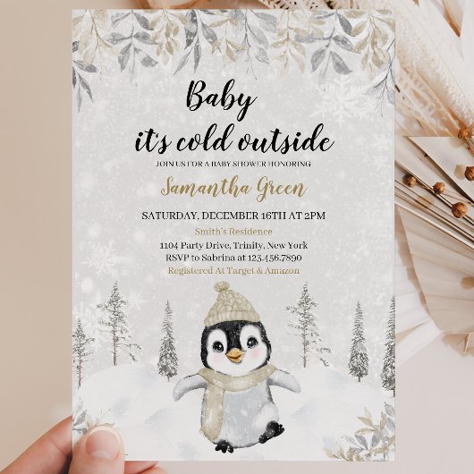 Goud Zilver Pinguïn Baby Shower Kaart