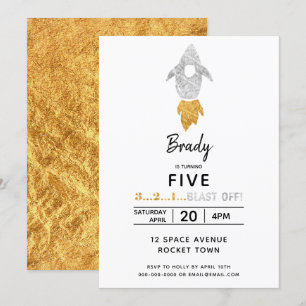 Goud Zilver Raket Schip Buitenruimte Verjaardagsfe Kaart