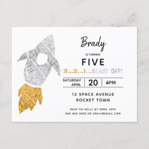 Goud Zilver Raket Schip Buitenruimte Verjaardagsfe Uitnodiging Briefkaart