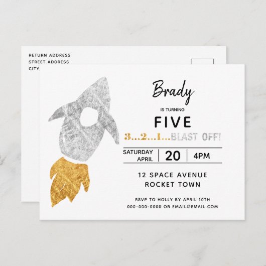 Goud Zilver Raket Schip Buitenruimte Verjaardagsfe Uitnodiging Briefkaart (Voorkant / Achterkant)