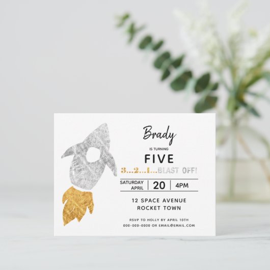 Goud Zilver Raket Schip Buitenruimte Verjaardagsfe Uitnodiging Briefkaart (Staand voorkant)