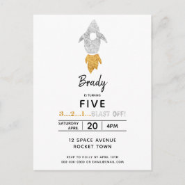 Goud Zilver Raket Schip Buitenruimte Verjaardagsfe Uitnodiging Briefkaart