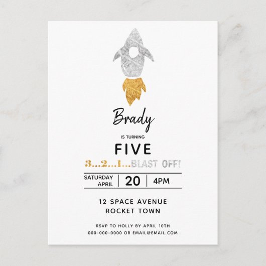 Goud Zilver Raket Schip Buitenruimte Verjaardagsfe Uitnodiging Briefkaart (Voorkant)