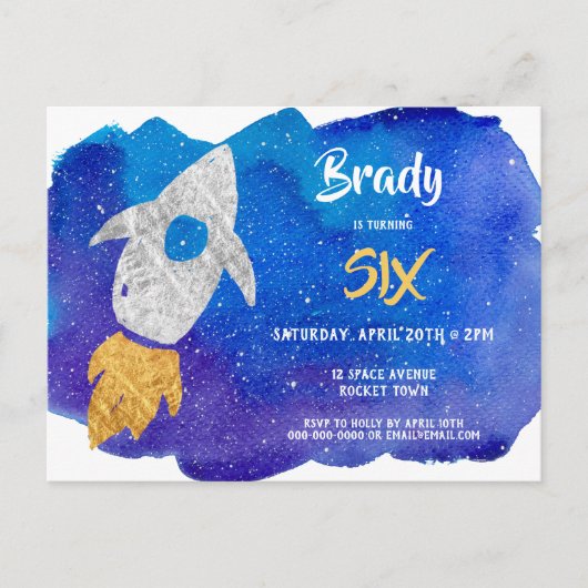 Goud Zilver Raket Schip Buitenruimte Verjaardagsfe Uitnodiging Briefkaart (Voorkant)