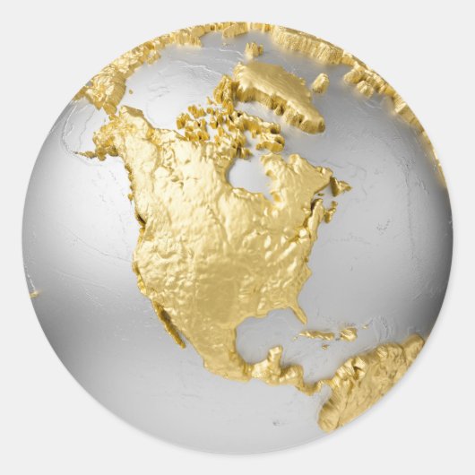 Goud, Zilver Wereldbol. Noord-Amerika. 3d Renderin Ronde Sticker (Voorkant)
