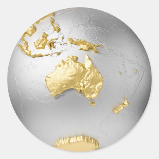 Goud, zilver wereldbol zonder water. Australia. 3D Ronde Sticker (Voorkant)