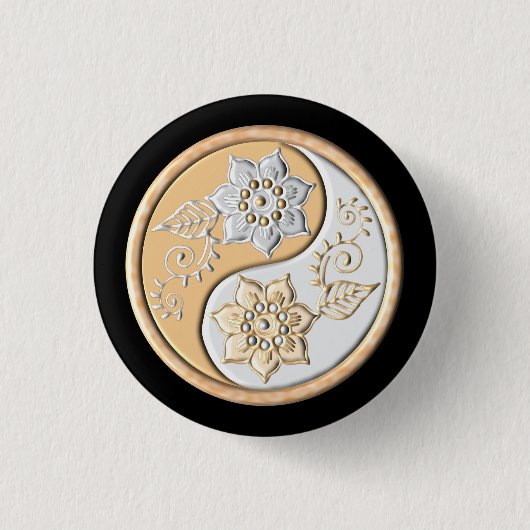 Goud & Zilver Yin Yang Ronde Button 3,2 Cm (Voorkant)