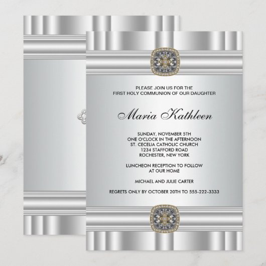 Goud Zilveren Kruis Meisjes Eerste Communie Kaart (Voorkant / Achterkant)