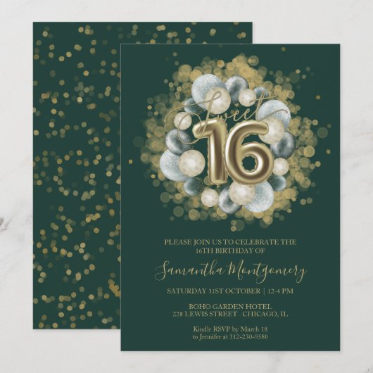Goud zoet 16-daagse ballonnen feest groen in kaart (Voorkant / Achterkant)