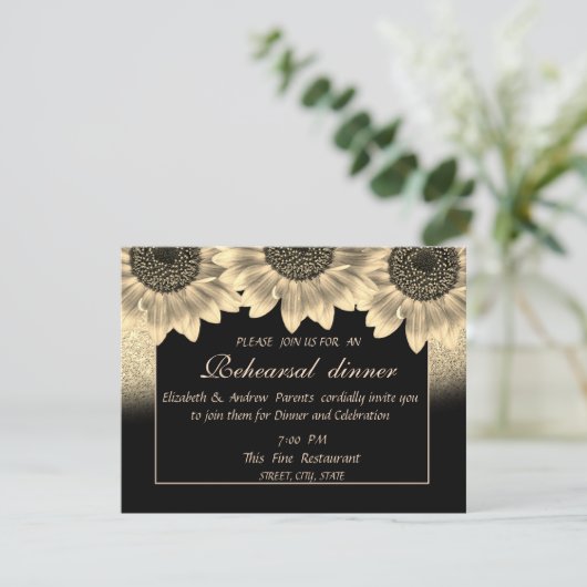 Goud, zonnebloemen, Glitter Rehearsal Dinner Kaart (Staand voorkant)