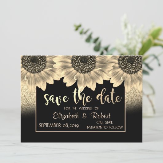 Goud, zonnebloemen, Glitter Save the Date (Staand voorkant)