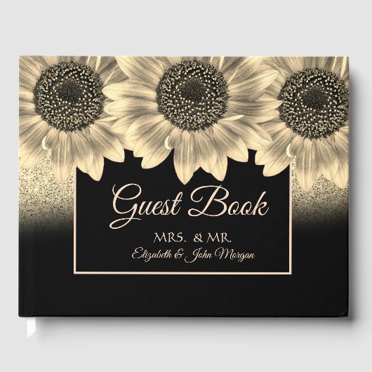 Goud, zonnebloemen, Glitter Wedding Gastenboek (Voorkant)