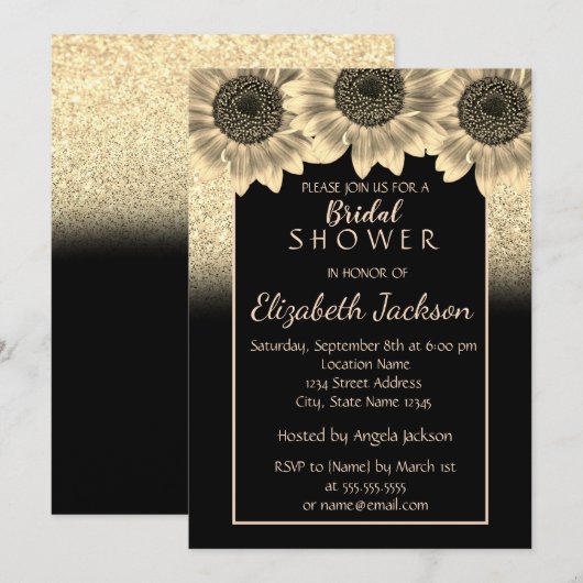 Goud, Zonnebloemen, Glitters Bruidsdouche Kaart (Voorkant / Achterkant)