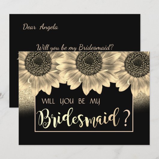 Goud, zonnebloemen, glitters bruidsmeisje kaart (Voorkant / Achterkant)