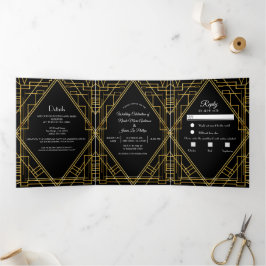 Goud Zwart 20's Deco Elegante Drie Vouwen Trouw  Drieluik Uitnodiging
