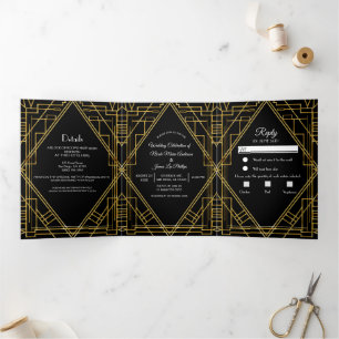 Goud Zwart 20's Deco Elegante Drie Vouwen Trouw Drieluik Uitnodiging