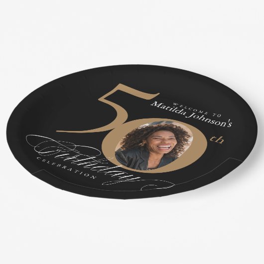 Goud Zwart 50e Verjaardag Kalligrafie Aangepaste F Papieren Bordje (Gekanteld)