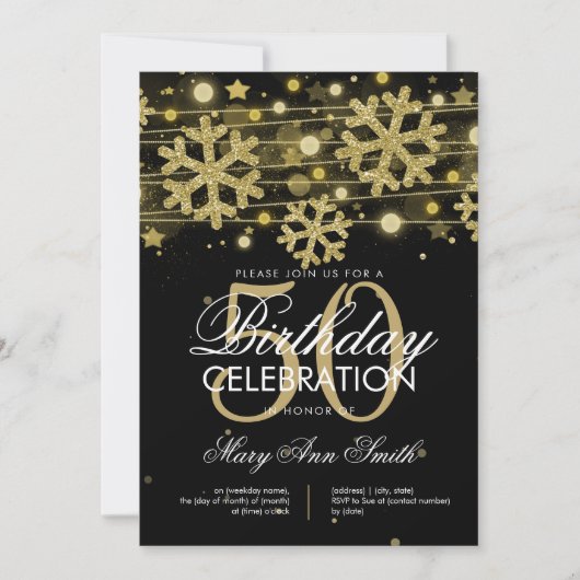 Goud Zwart 50e Verjaardag Winter Glitter Glam Kaart (Voorkant)