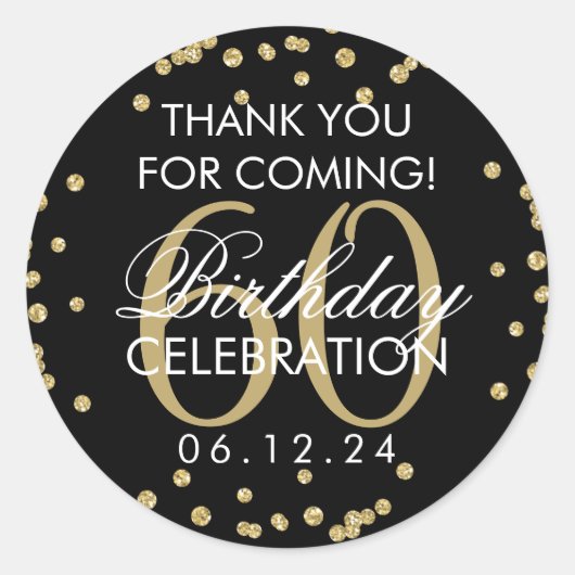 Goud Zwart 60e Verjaardag Dank u Confetti Ronde Sticker (Voorkant)